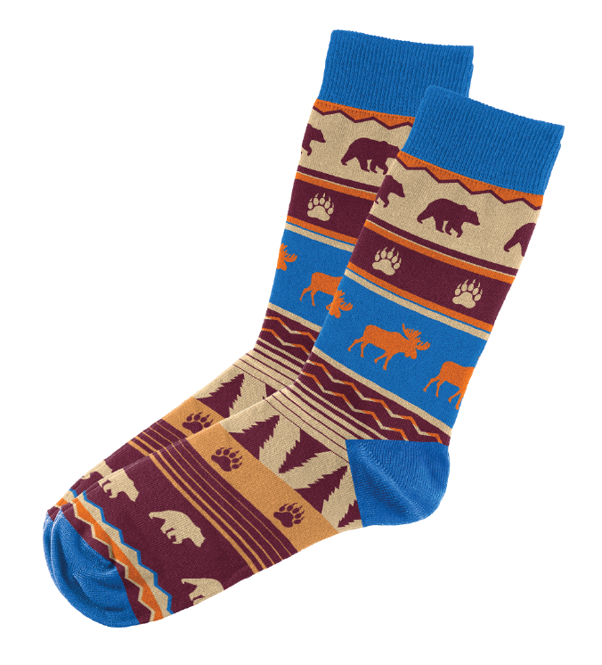 Bear Buck Blue Orange Woodsie Pattern Socks