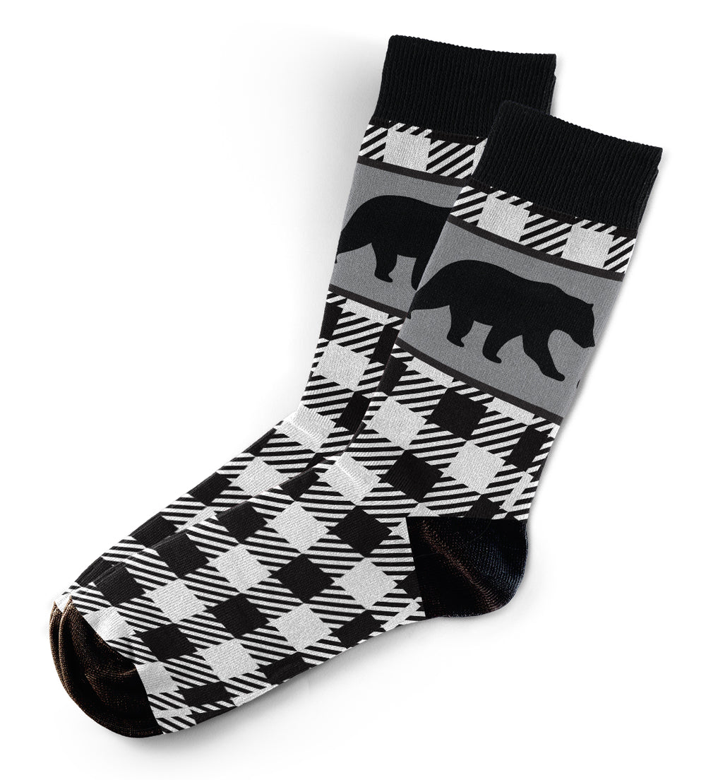 Bear White and Black Plaid Socks